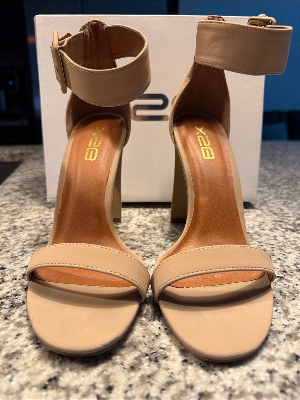 X2 Beige Ankle-Strap Block Heels